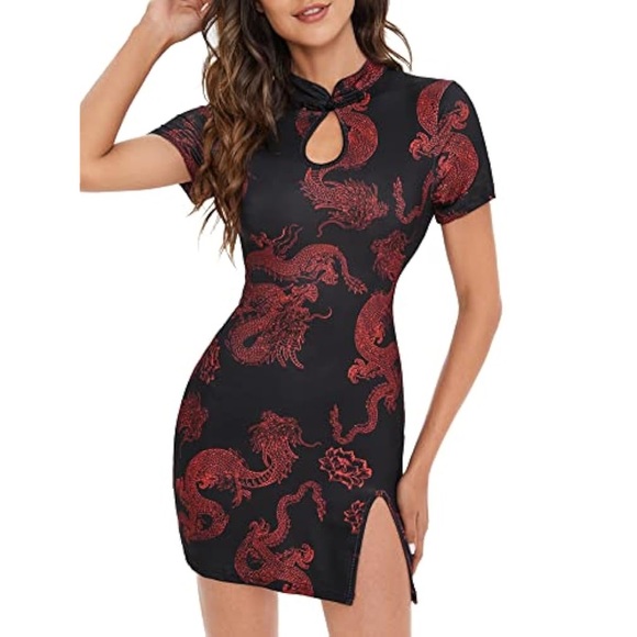 Shein Chinese Dragon Print Side Slit Qipao Dress, Sizes S & M - Picture 11 of 16